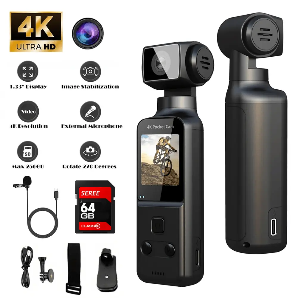 4K HD Action Camcorder - 64G Portable Body Camera for Vlogging, 1.33" CMOS Sensor, 270° Swivel LCD Screen, Handheld Stabilizer, Microphones, Ideal for Riding, Security