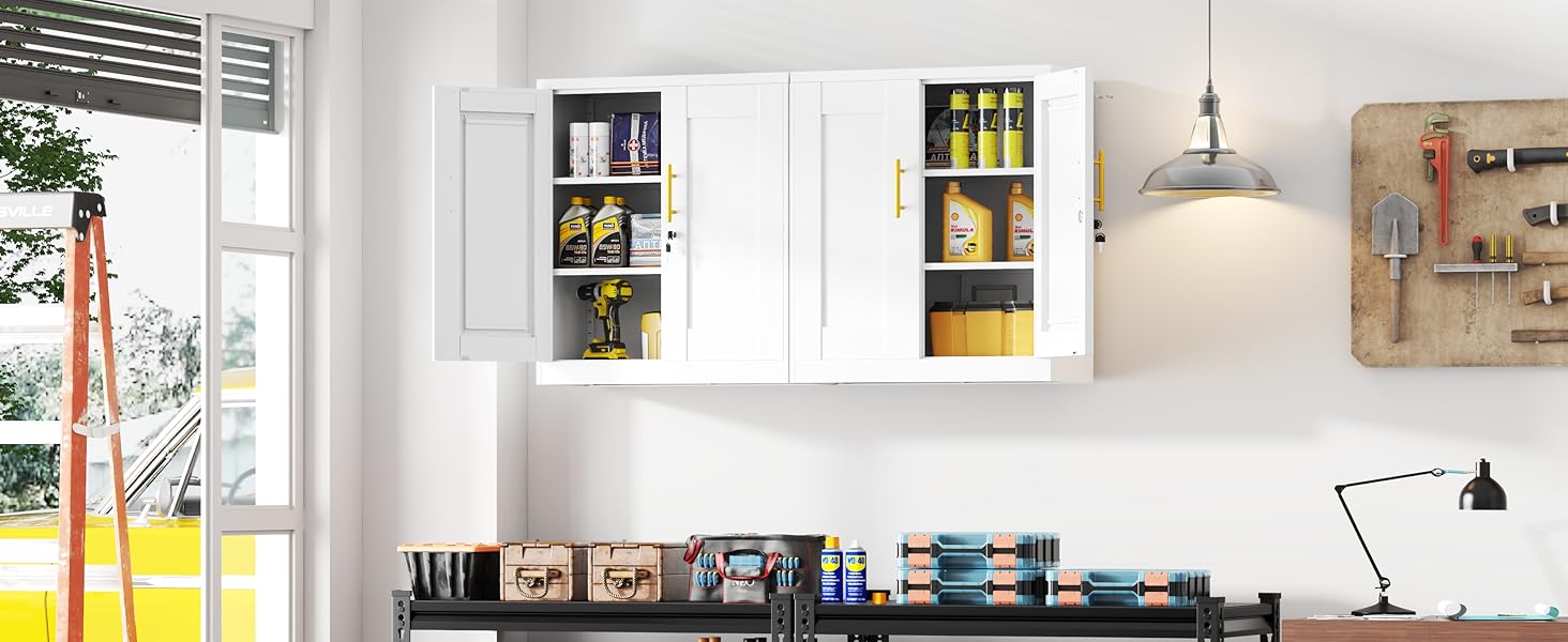 White Metal Wall Mounted Bathroom Cabinet – 2 Doors & Adjustable Shelves, Moisture-Resistant Storage for Over Toilet or Kitchen, Small Space LED Lighted Charging Dresser