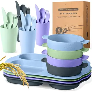 24 count Wheat Straw Dinnerware Cutlery Set Including Divided Plates Microwave Dishwasher Safe Bowl Unbreakable Tableware Straw Cutlery Spoon  Fork Cup(Assorted Color)