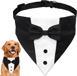 Dog Tuxedo Suit Wedding Bandana Collar with Bow Tie, Adjustable Formal Dog Tux, Engagement Birthday Tuxedo for Small Medium Large Dogs Pets (Large: Neck 15”-25”) GOYOSWA