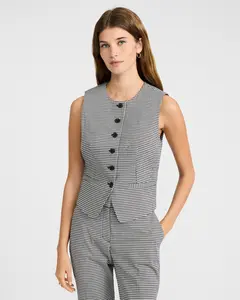 Express Gingham Stretch Cotton Crew Neck Cutaway Blazer Vest