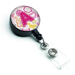 Letter A Flowers and Butterflies Pink Retractable Badge Reel CJ2005-ABR