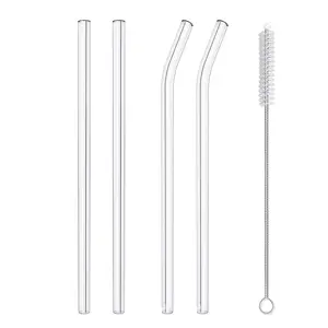 Reusable Glass Straws Set, 4-piece Drinking Straws with Cleaning Brush, 10" x 10 mm, Dishwasher Safe
