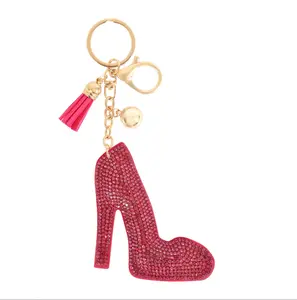 B High Heels Rhinestone Tassel Keychain - Pink Glitter Shoe Charm with Gold Tone Hardware
