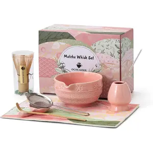 8 Pcs Japanese Matcha Tea Set with Cherry Blossom and Wave Design Ceramic Bowl Bamboo Whisk Holder Scoop Sifter Brush Kit for Matcha Lovers (Pink)
