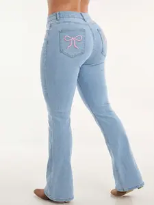 Women's Vintage Light Wash Jeans, Women High Waist Light Blue Washed Denim Flare Pants Cute Pink Bow Embroidery On Back Pockets Slim Fit Bootcut Jeans Y2K Casual Trousers