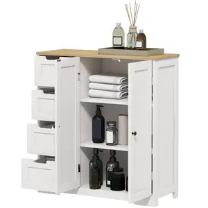 Four drawer two door floor storage cabinet with recessed panel design and anti tipping structure for villa bathroom and household daily storage use