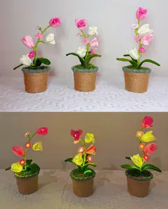 Crochet Lily Potted Plant Light Lamp Lilies of the Valley Finished Flower Desk Decoration Halloween Flash Night Stand Forever Gift White Pink Purple 3 Flash Modes