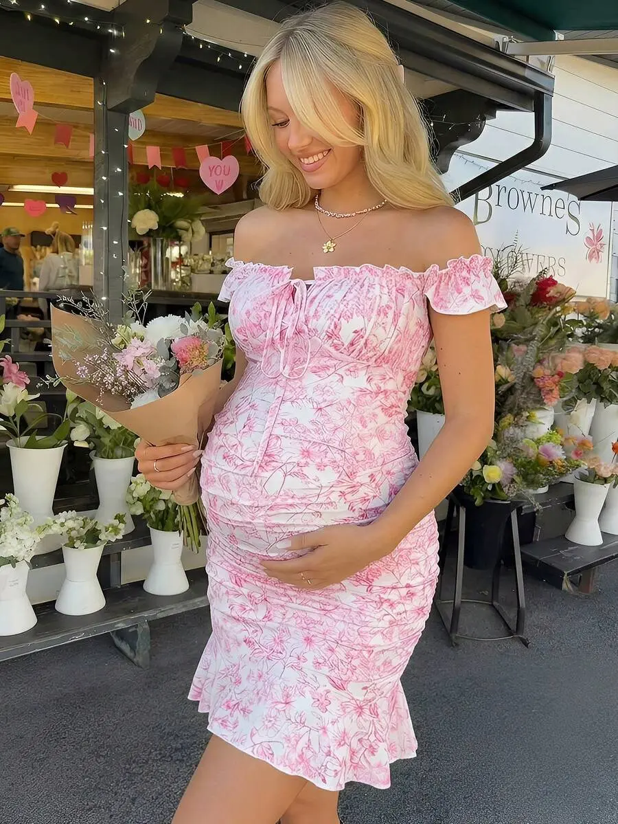 NANCY Maternity Women's Summer Romantic Elegant Vacation Style Floral Print Off-Shoulder Ruffle Front Tie Waist Fitted Dress