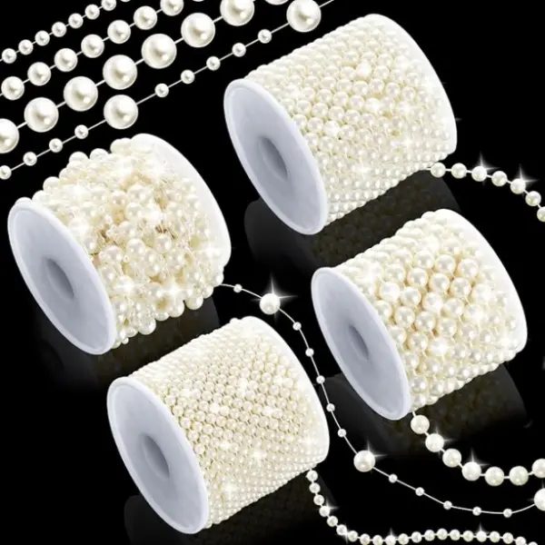 4 Rolls 86 Feet Pearls Garland, Faux String of Pearls Roll Strand for Crafts, Artificial Pearl Beads Trim for Wedding Party Valentine Christmas Flower Decoration, 4mm 6mm 8mm 8+3mm, Ivory