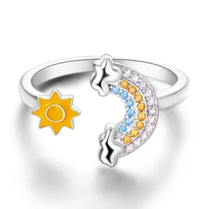 Sun & Rainbow Colorful CZ Open Ring 925 Sterling Silver Adjustable Band Rings for Women Positive Vibes Aesthetic Trendy Jewelry Gift