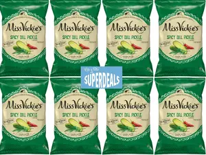 Miss Vickie's Kettle Cooked Potato Chips 1.375 Oz Bag - Snack Pack of 8 with Mystery Bonus Gift - Spicy Dill Pickle Flavor