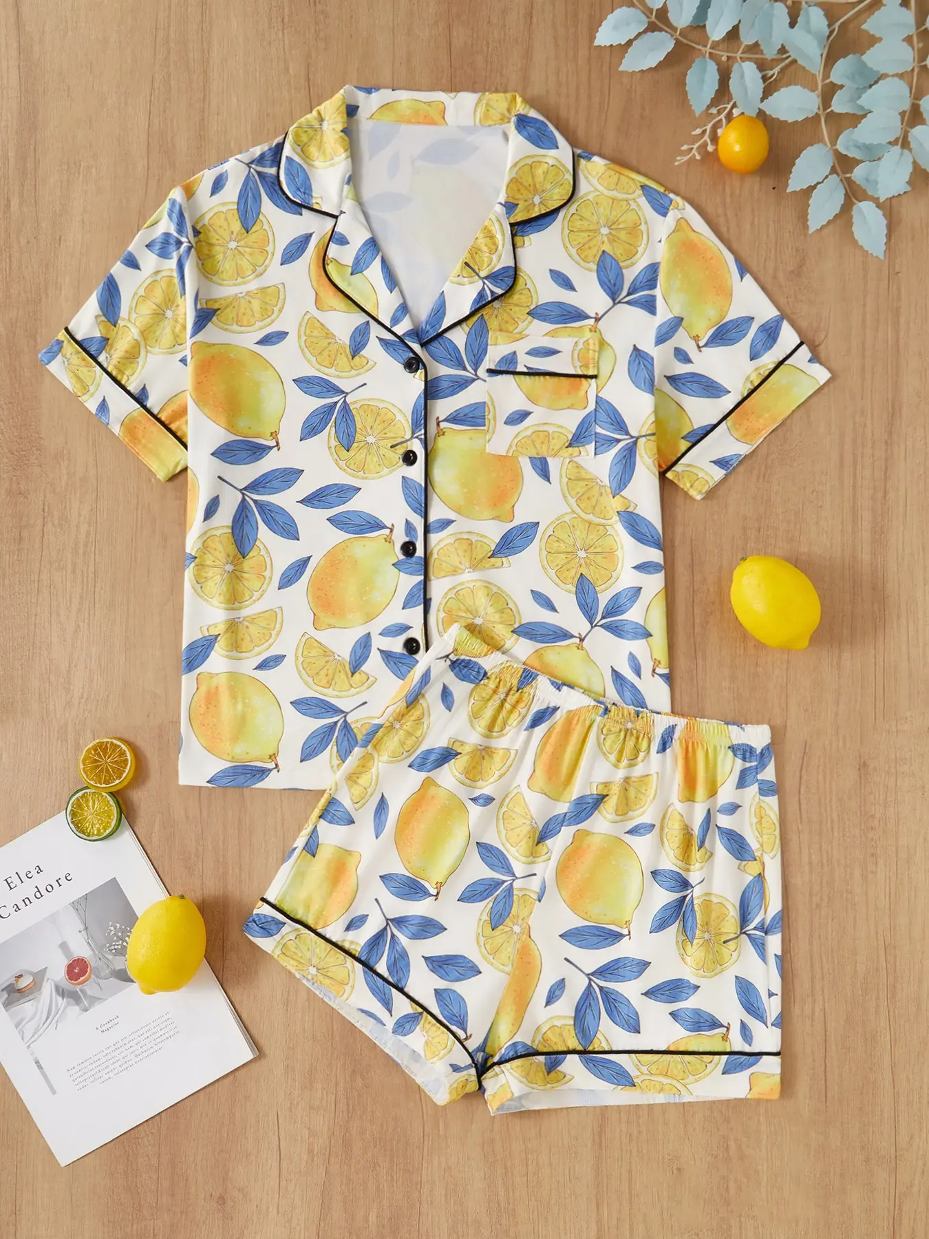 Women's Lemon Leaf Printed Sleepwear Loungewear Set, Casual Fitted Short Sleeve Collared Button Top & Loose Shorts, Comfortable Home Wear for All Seasons Pjs Pajama Set, Casual Fitted Pajamas, Pyjamas, Pajamas Sets