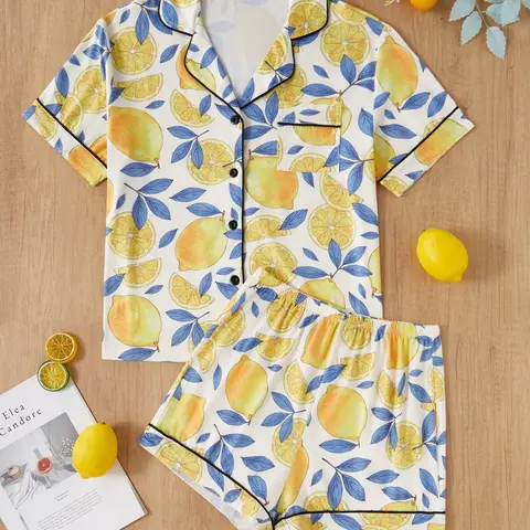 Women's Lemon Leaf Printed Sleepwear Loungewear Set, Casual Fitted Short Sleeve Collared Button Top & Loose Shorts, Comfortable Home Wear for All Seasons Pjs Pajama Set, Casual Fitted Pajamas, Pyjamas, Pajamas Sets