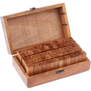70 Pcs Wooden Rubber Stamps Number and Alphabet Letter Wood Rubber Stamps Set Wooden Rubber Number Letter, Stamper Seal Set with Wooden Box Vintage DIY