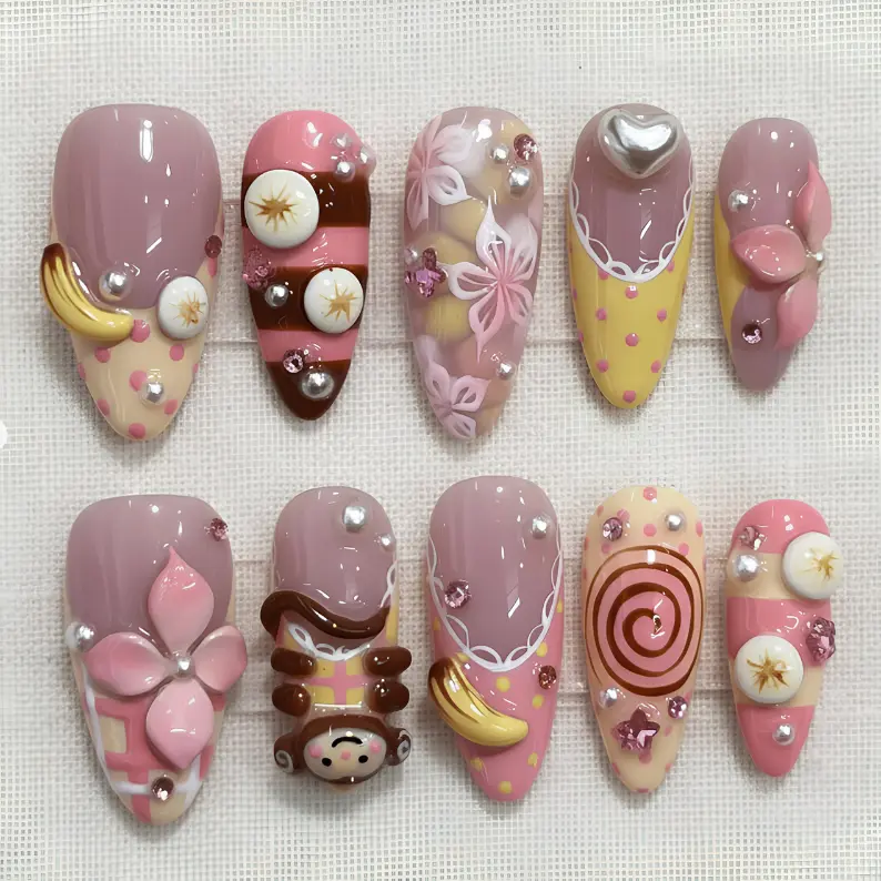 Coquette Kawaii Press On Nails | Cute Monkey & Banana Nails | 3D Dessert Handmade Nail Set
