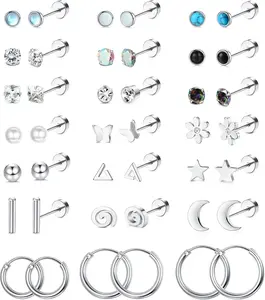 LOLIAS 21Pairs Surgical Steel Flat Back Earrings Hypoallergenic 20G Screw Back Nap Stack Cartilage Earring Stacks