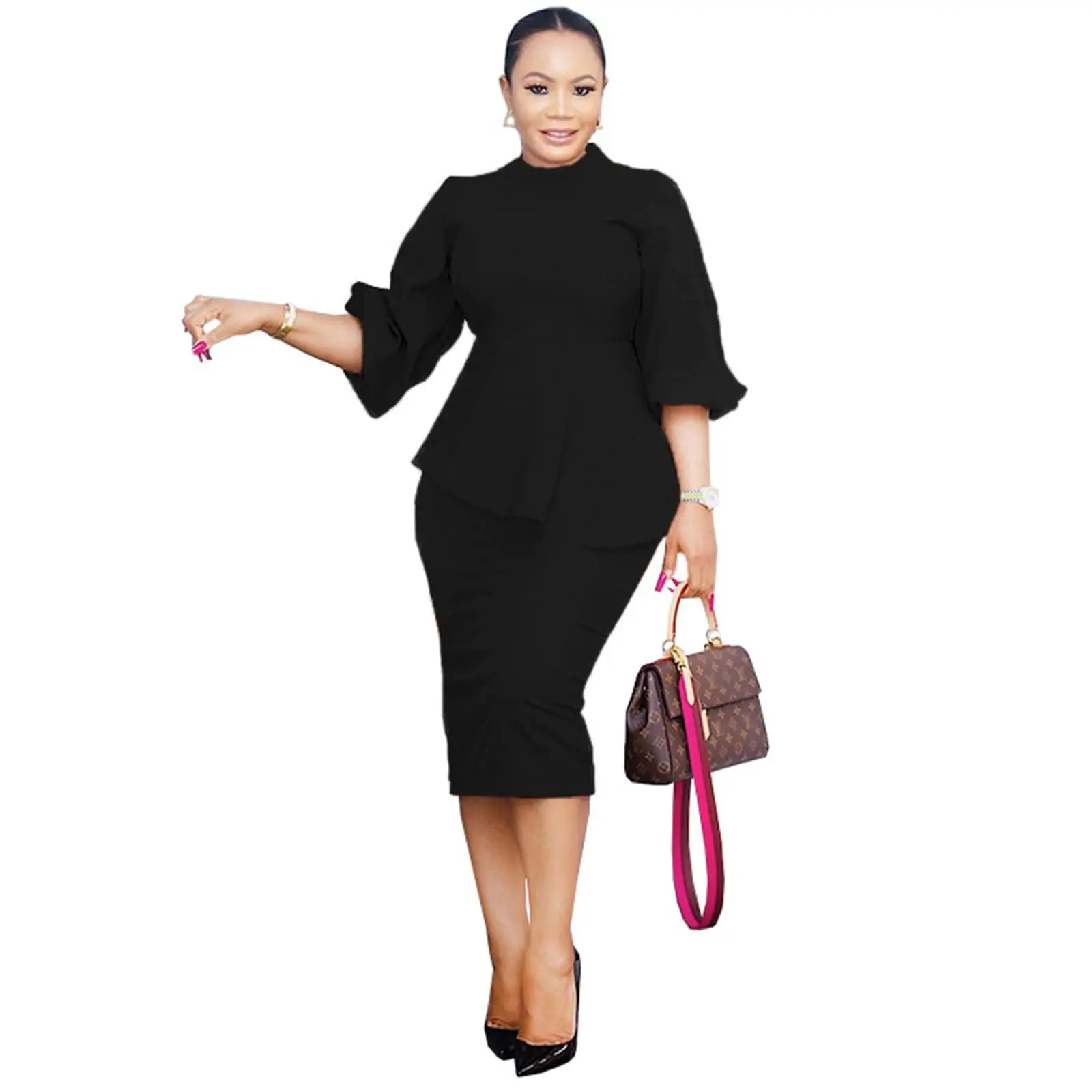 Acelyn Outfits Two Piece Outfits Women's Lantern Sleeve Vintage Bodycon Peplum Tops and Skirt Business Formal Work Pencil Dress Women's Classic Clothing Set
