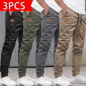 3-pack men’s casual cargo jogger pants made from soft, skin-friendly fabric; adjustable drawstring waist; leather tag details; slim tapered legs; versatile multi-color options for everyday commuting and outdoor wear.