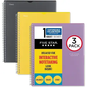 Five Star Interactive Notetaking Spiral Notebooks, 3, 1Subject, College Ruled Paper, 11" x 81/2", 100 Sheets, Customizable Cover, Black, Amethyst Purple, Harvest Yellow (820196ECM)