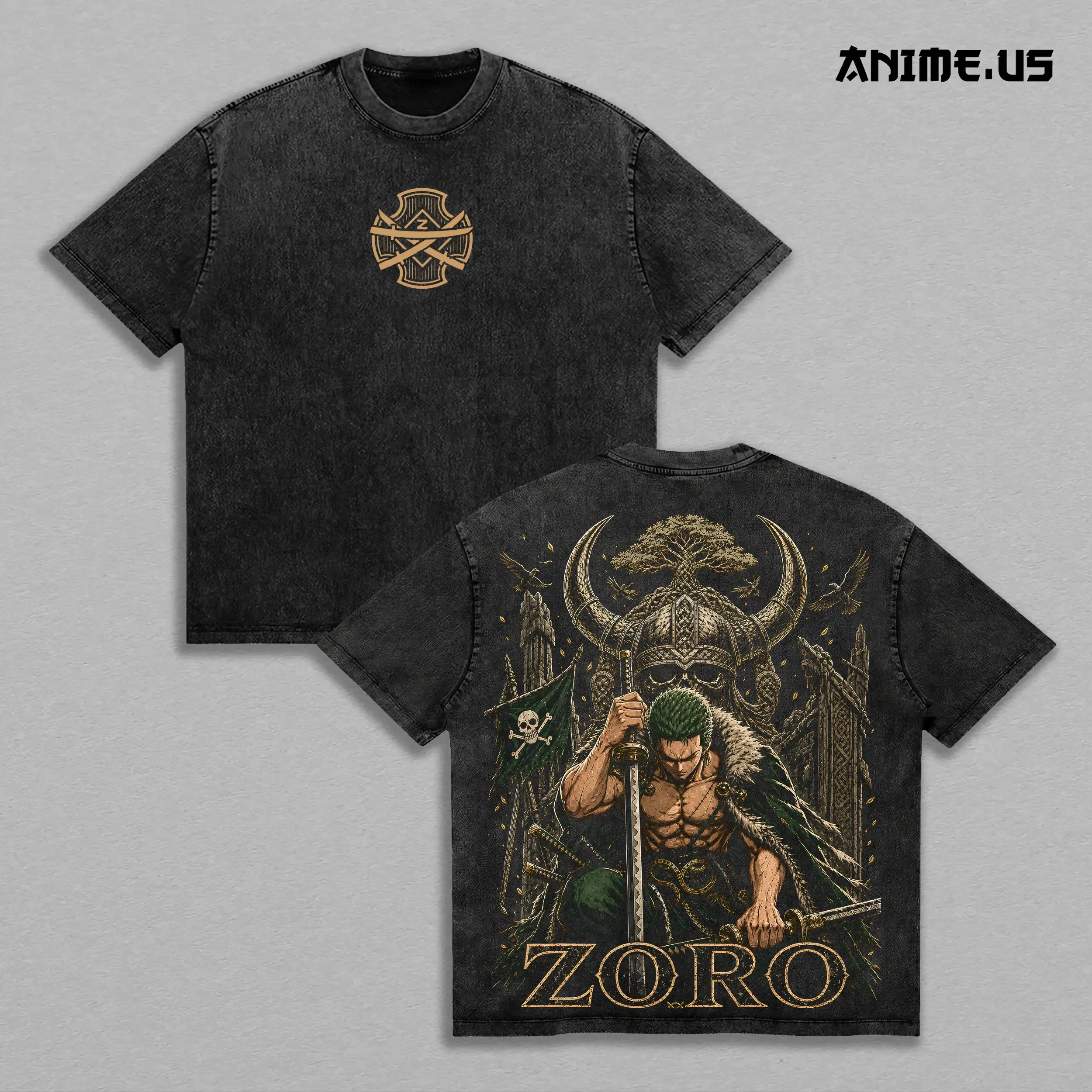 Roronoa Zoro One Piece Vintage Washed Oversized T-Shirt | Three Sword Style Anime Graphic Tee, Heavyweight Cotton Gym Pump Cover, Y2K Streetwear Men's Top, Ultimate Anime Fan Gift