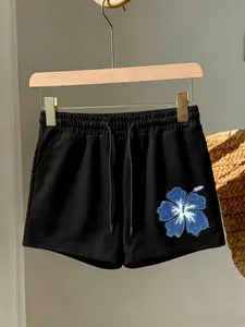 Black Comfortable Hibiscus Printed Drawstring Casual Sweat Shorts – Soft Breathable Elastic Waist Beach Vacation Streetwear Y2K Aesthetic Trendy Comfy Loungewear for Women Teen Girls Summer Outfit Beach Vibes Casual Wear Trendy Fashion Cute Summer Shorts