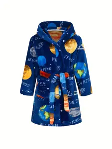 ：Kids Solar System Print Fleece Bathrobe, Soft Hooded Robe for Boys, Ideal Kids Stuff & Kids Stuff for Boys, Cool Planetary Motif Robe, Comfortable Teen Boy Clothes