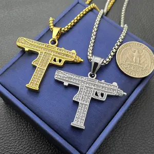 MaxBling81 Men's Iced Hand Machine Gun Pendant Stainless Steel Necklace with Cubic Zirconia, 24" Rolo Chain, Unisex Daily Casual Ice Necklaces Chain Jewelry Accessory, Chain Jewelry Necklaces