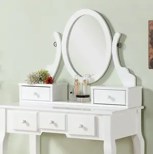 Ashley Wood Vanity Table And Stool Set With Beige Upholstery And Five