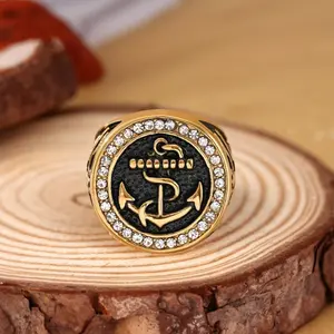 Luxury Hip-hop Inlaid Synthetic Zircon Boat Anchor and Eagle Pattern Stainless Steel Ring