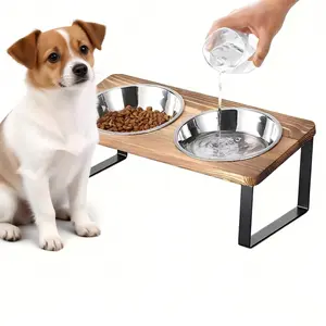 Elevated Dog Bowls with Wooden Stand 15° Tilted Raised Stainless Steel Cat Bowls Food & Water Feeding Dishes with Sprill Proof Mat Pet Safe Material Dishwasher Safe Easy to Clean for small dogs and cats