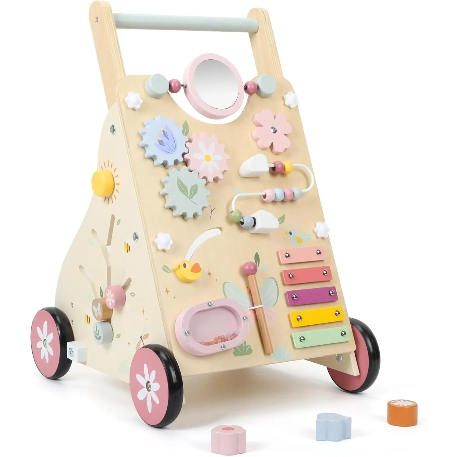 Wooden Baby Walker, Baby Push Walker, Push Walker Toys for Babies Learning to Walk & Sit-to-Stand, with  Sensory Toy & Activity Center for Girls Boys