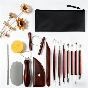 14 piece set of ceramic tools, clay sculpture, soft clay sculpture, trimming knife, scraper, sponge block, aluminum rod needle, cutting rope, wooden scraper, double head carving tool, clay carving knife, trimming tool, comprehensive clay sculpture tool
