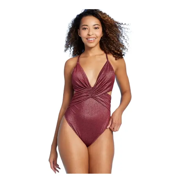 Shade & Shore Women's Plus Size Cheeky Monokini Burgundy One Piece Swimsuit Elegant Versatile Design Comfortable for Water Activities Cold Wash Friendly
