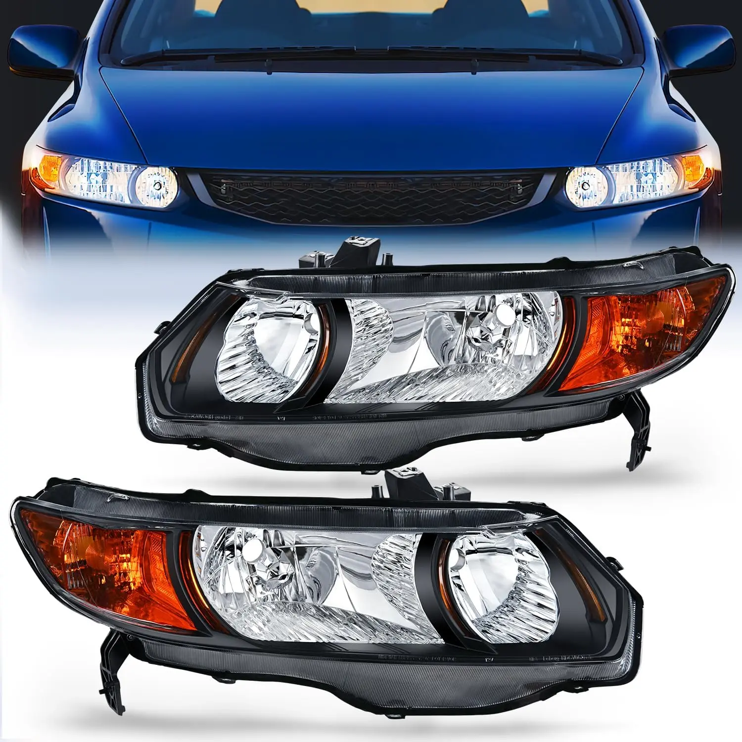 Nilight Headlight Assembly - Compatible with 2006-2011 Honda Civic 2-Door Coupe, Black Housing, Amber Reflector, Driver & Passenger Side Replacements, Car Lights, Car Exterior Upgrade Auto Parts