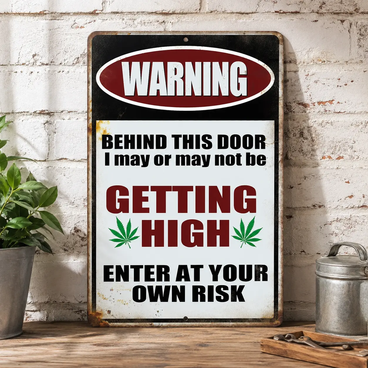 Retro Marijuana Print Durable Metal Tin Sign, 12x8in Lightweight Pre-Drilled Holes Easy-Install Hanging Wall Decor, Men's Room Home Supplies Gift with "WARNING - Behind This Door I May Be Getting High - Enter At Your Own Risk", Room Accessories, Cool Stuf