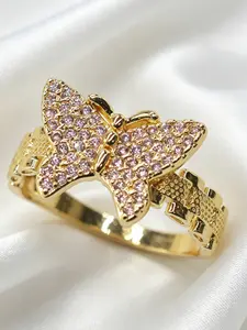 Elegant 14k Gold Plated Butterfly Ring with Zircon, Sparkling Jewelry for Daily Wear, Party, Dates, Birthday Gifts, Elegant Glittering Ring