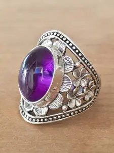 Vintage Silver Color Geometric Design Ring with Crystal Inlay, Punk Style Women's Jewelry, All Season Fashion Accessory, Handmade Nepal Design