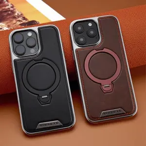 Premium Imitation Leather Magnetic Rotating Stand Smartphone Case, Shockproof Anti-Drop Cellphone Cover with Handheld Grip Accessory for iPhone 17 Pro Max, 16, 15, 14, 13 Pro Devices