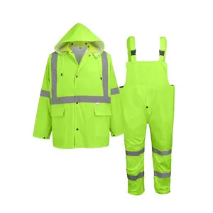 FrogWear GLO-8000 Unisex High-Visibility Rain Suit, Lightweight-Piece Rain Gear with Waterproof Jacket, Bibs, and Detachable Hood – Neon Yellow, Large