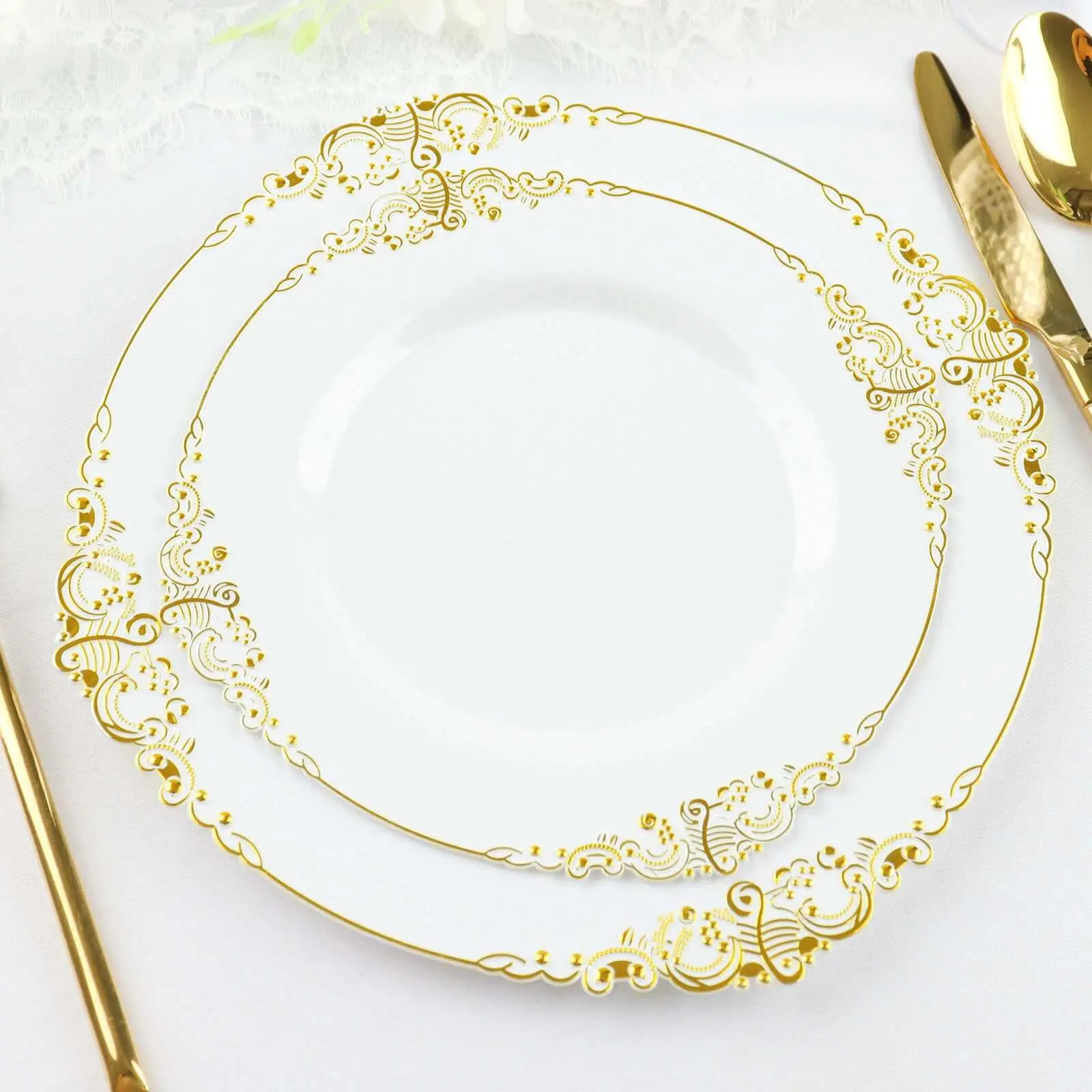 10-Pack Disposable Elegant Plastic 8" Round Dessert Plates - White with Gold Leaf Embossed Rim, Vintage Baroque Style, for Luxurious Weddings & Gatherings, Disposable Dinner Plates, Elegant Plastic Plates