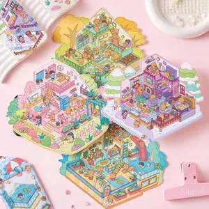 3D Scene Stickers Cute Cartoon House Scenery DIY Decoration Material Pack of 12, Perfect for Home Decor & Creative Projects