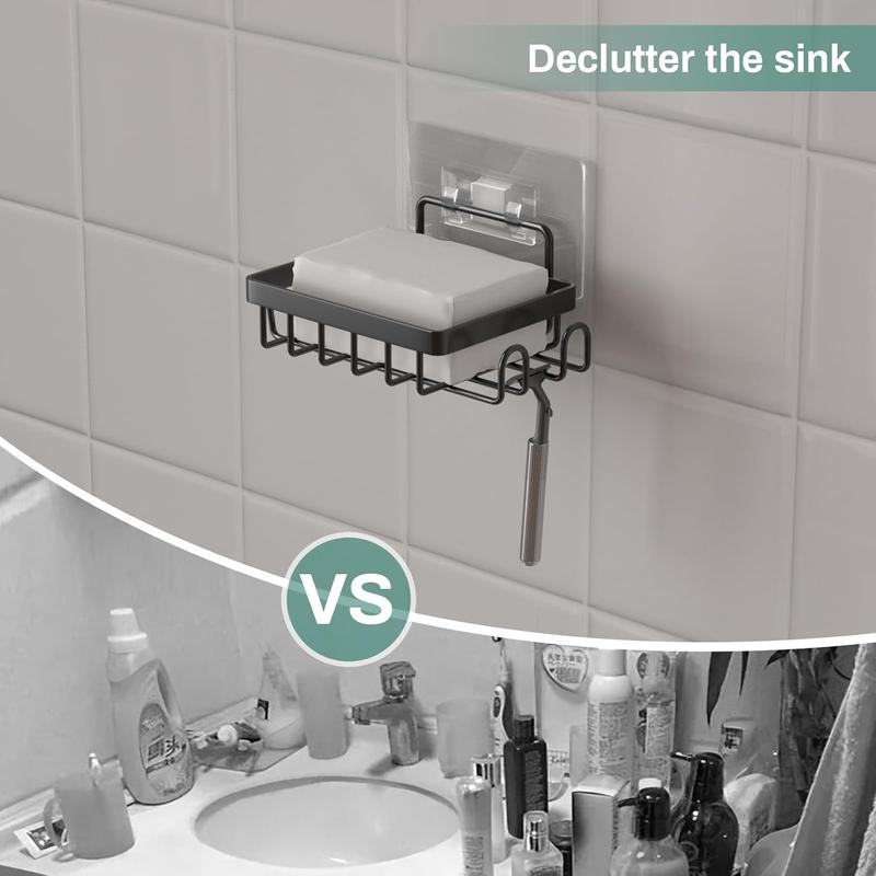 Adhesive Soap Bar Holder for Shower Wall, Self Draining Soap Dish Container  Saver with 2 Hooks for Razor Loofah, Shampoo Sponge Tray Case Box for Bathroom Kitchen Sink, Black