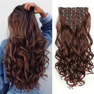 22inch Clip-in hair extensions, featuring long wavy synthetic hair, made of soft synthetic fiber, heat-resistant curly hair pieces, double-layered extensions, designed for women