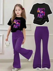 Girls' Cartoon Anime Girl Print 2-Piece Set, Casual Fashion Set, Sporty Sweatshirt and Bell Bottoms, Casual Loose Fit, Comfortable Elastic Waist, Fall & Winter, Outfit