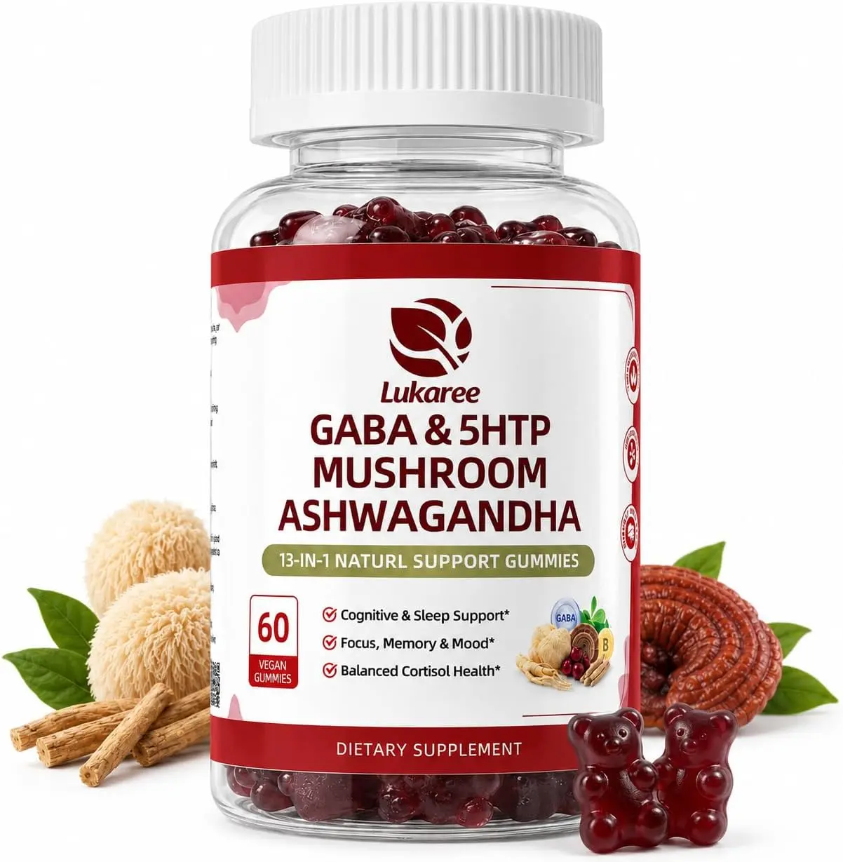 Lukaree GABA & Mushroom Supplement for Calm, Mood & Restful Sleep | Super Mushroom Daily Gummies w/5-HTP, Bacopa & Tart Cherry - for Men and Women, Berry Flavor - Natural, Sugar Free, 60 Chews