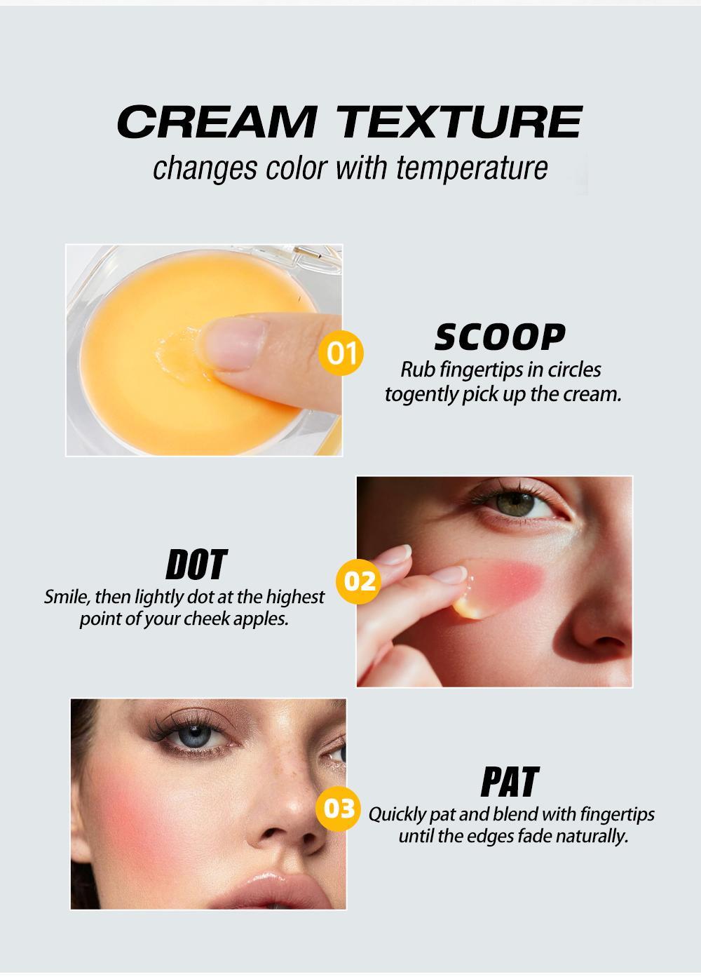 J-PHD Color-changing blush, a magical color-changing powder blush cream that can be used on cheeks, eyes, and lips. It provides long-lasting hydration, brightens skin tone, and has a high-shine yellow cream texture.
