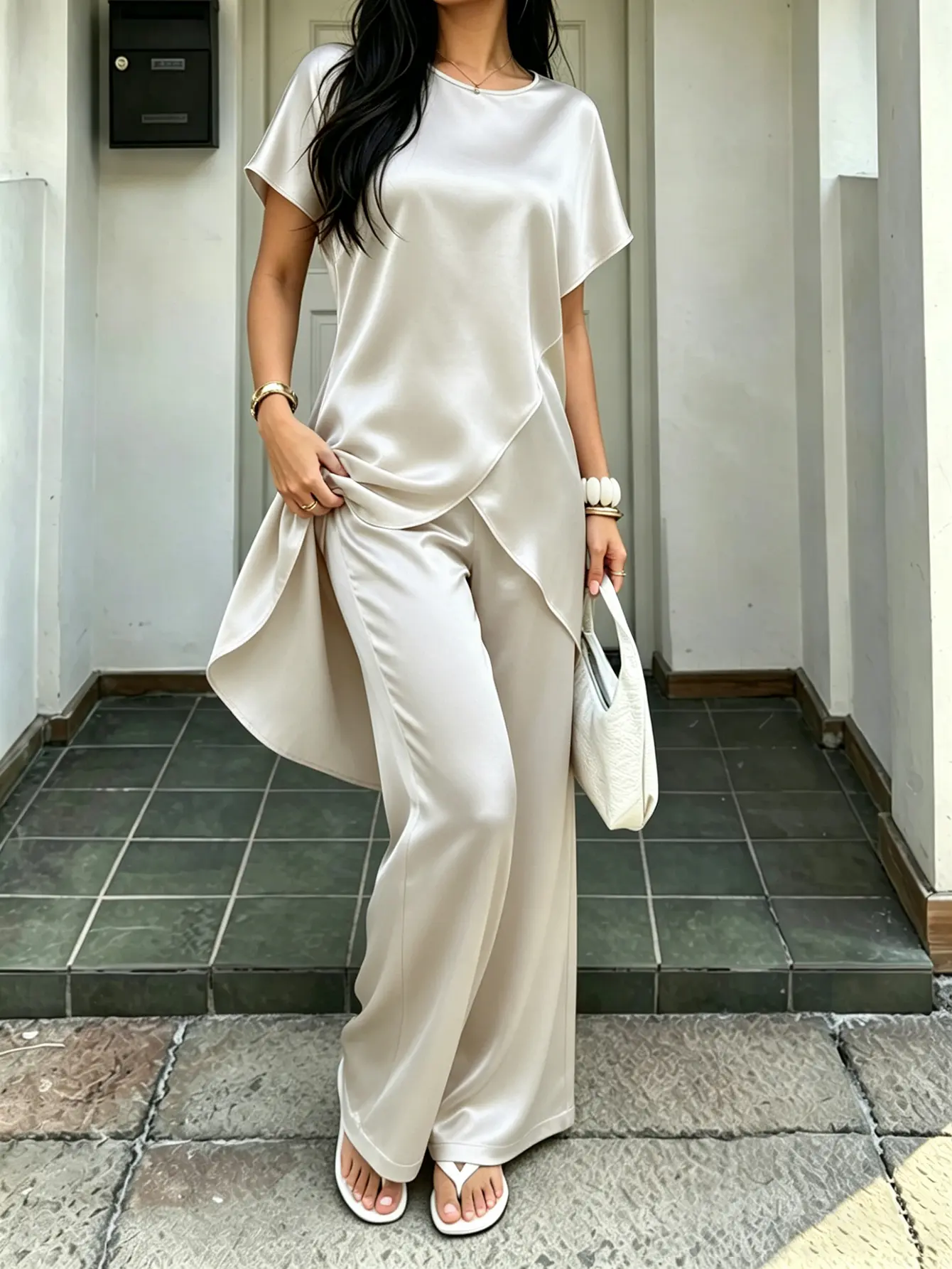 Women's Plus Size 2 Piece Satin Outfit, Elegant Tunic with Irregular Drape Hem, High Waist Flowy Wide Leg Pants for Formal Work Office, Fabric, Crew Neck