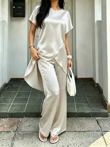Women's Plus Size 2 Piece Satin Outfit Set, Irregular Hem Short Sleeve Top High Waist Wide Leg Pants, Elegant Work Office Suit for Women outdoorfun