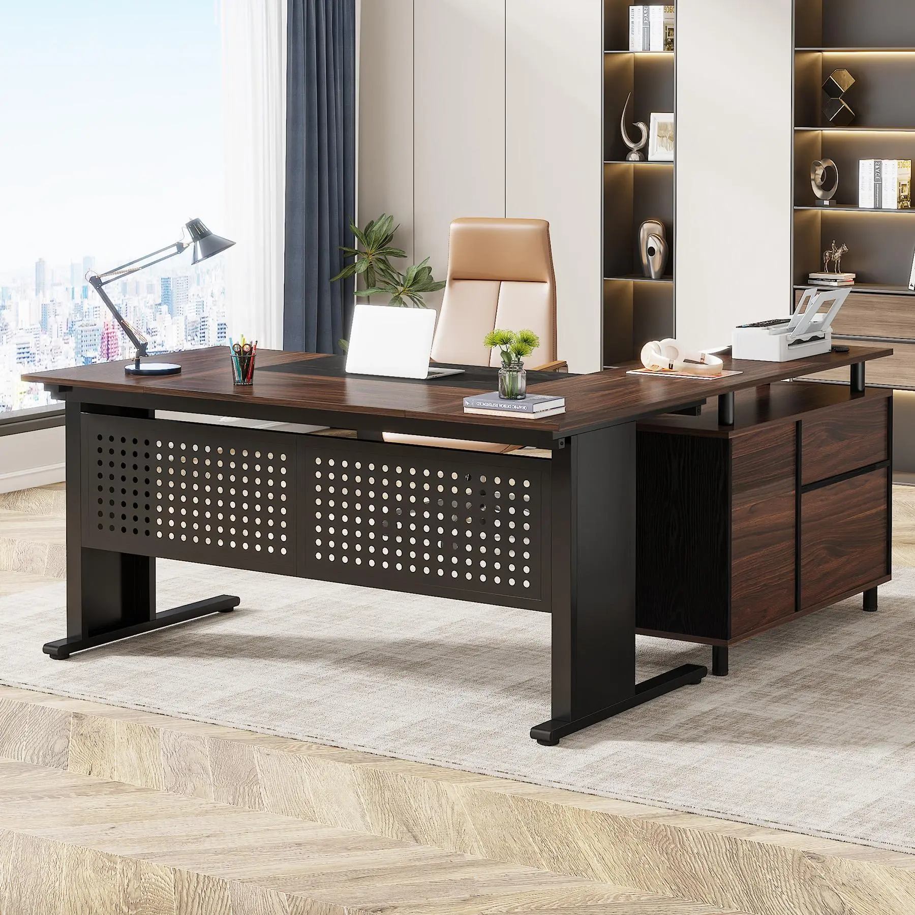 TRIBEWOOD 63 Inch Executive Desk with File Cabinet, Large Office Desk L Shaped Computer Desk with Drawers and Storage Shelves, Business Furniture Desk Workstation for Home Office, Brown and Black